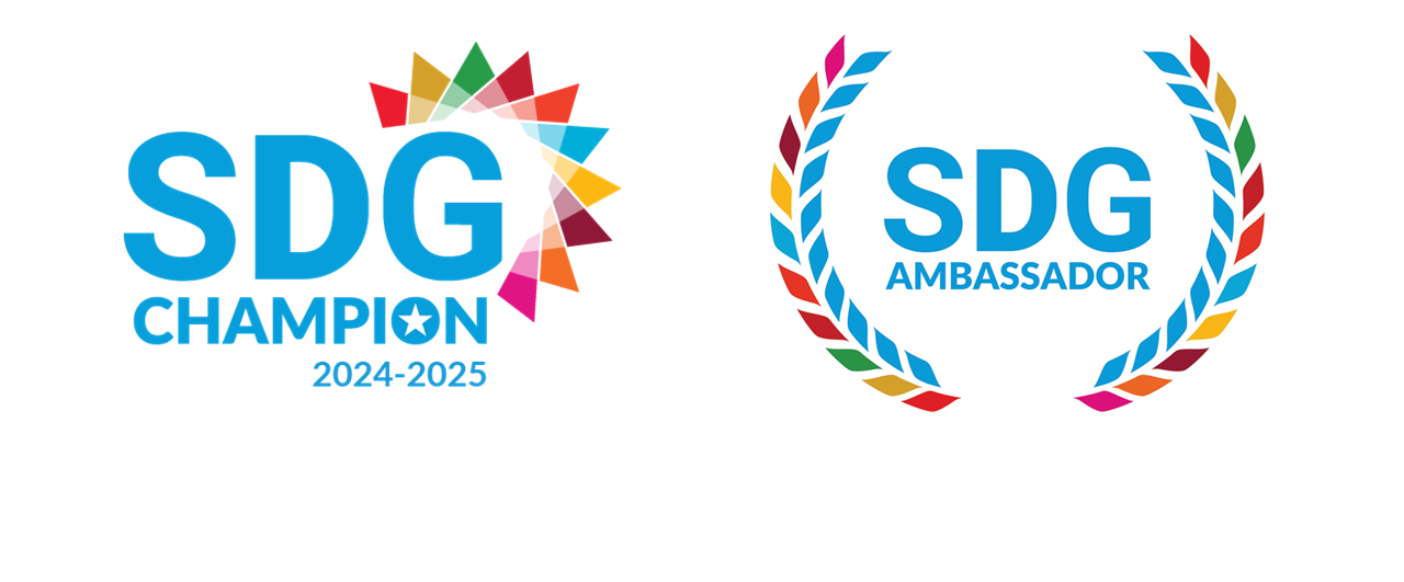 Logos for SDG Champion 2024-2025 and SDG Ambassador, featuring the colorful Sustainable Development Goals wheel and laurel wreath.